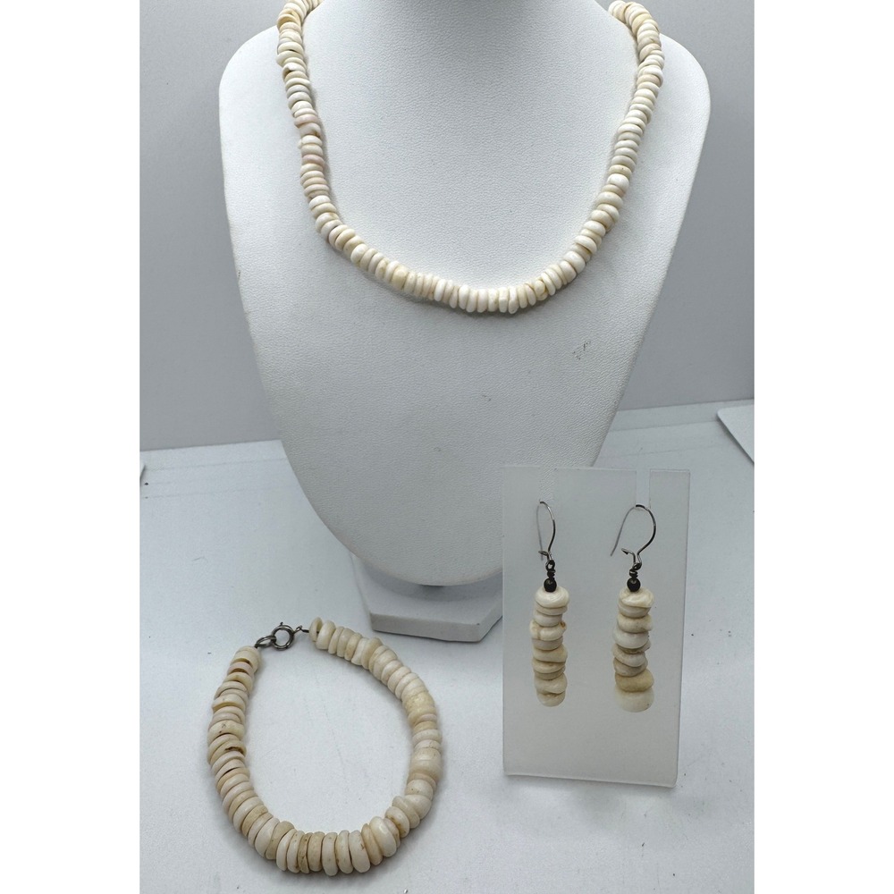 Vintage Puka Shell Heishi Jewelry Set Necklace Bracelet Earrings 12K GF Clasp